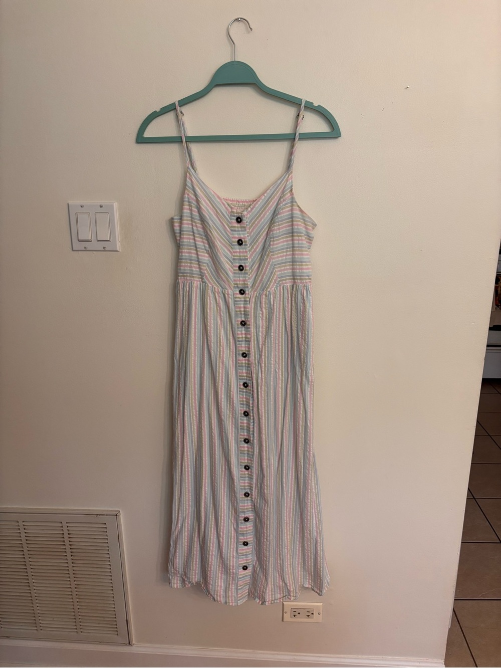 ModCloth women’s Button-Front Maxi Dress - White with Pastel Stripes sundress